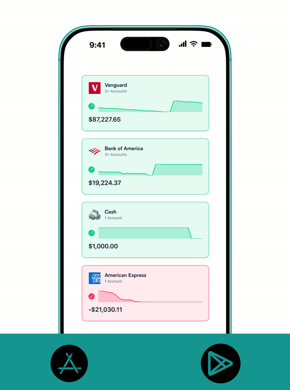 Koody mobile accounts dashboard showing bank balances and account trend cards