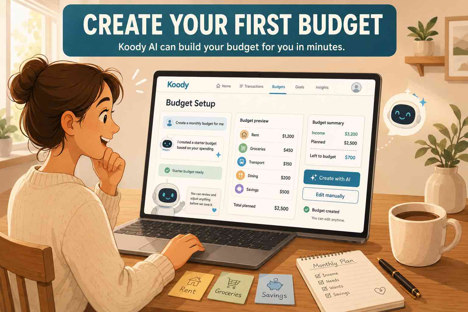 Overhead view of a person at a cozy kitchen table creating a budget in Koody on a laptop, with colorful charts, categories, and a monthly budget summary visible on screen.