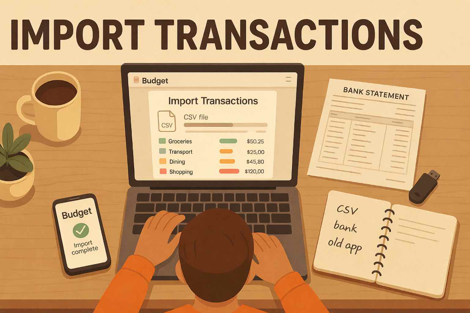Warm illustration of a person importing transactions into Koody on a laptop, with a CSV file, bank statement, and notebook beside them.
