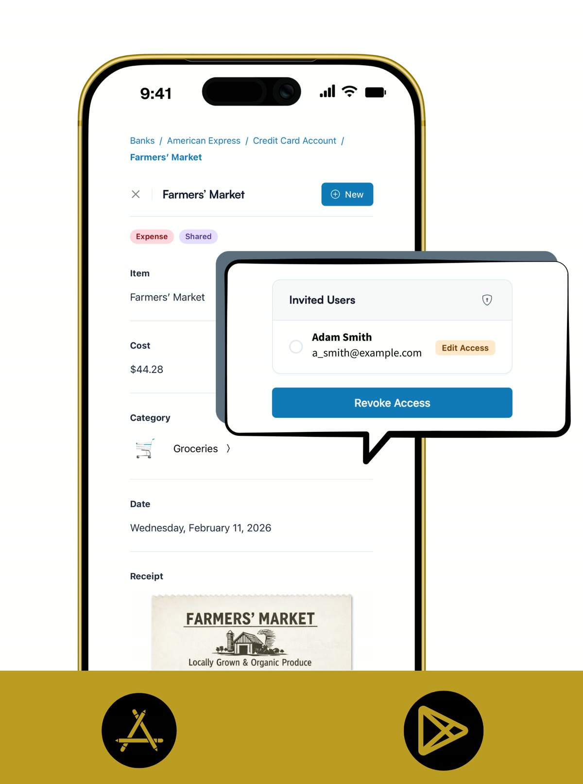 Koody mobile shared expense detail screen showing category, date, and an attached receipt