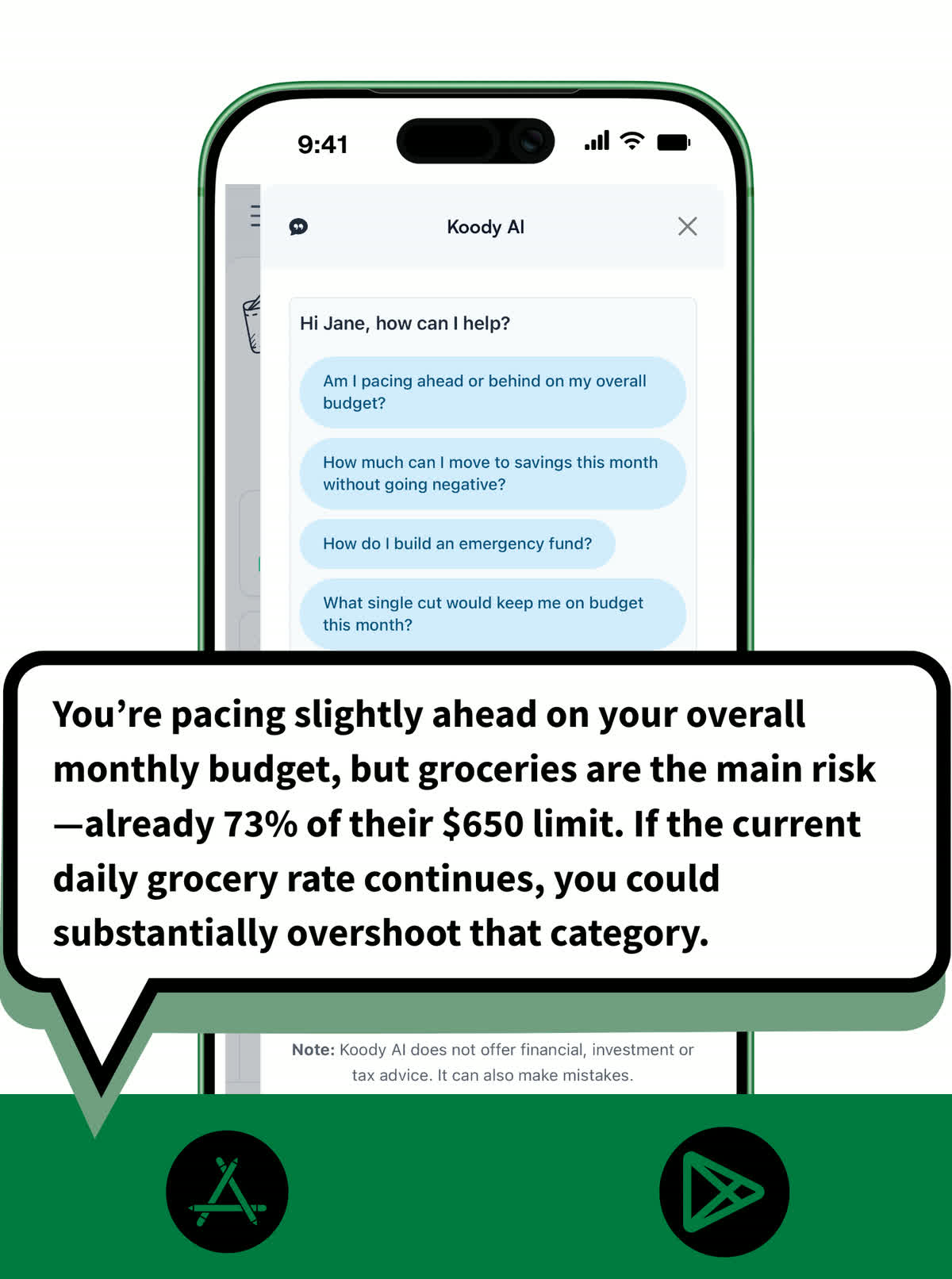Koody AI chat on mobile giving budget pacing guidance and a grocery overspending risk alert