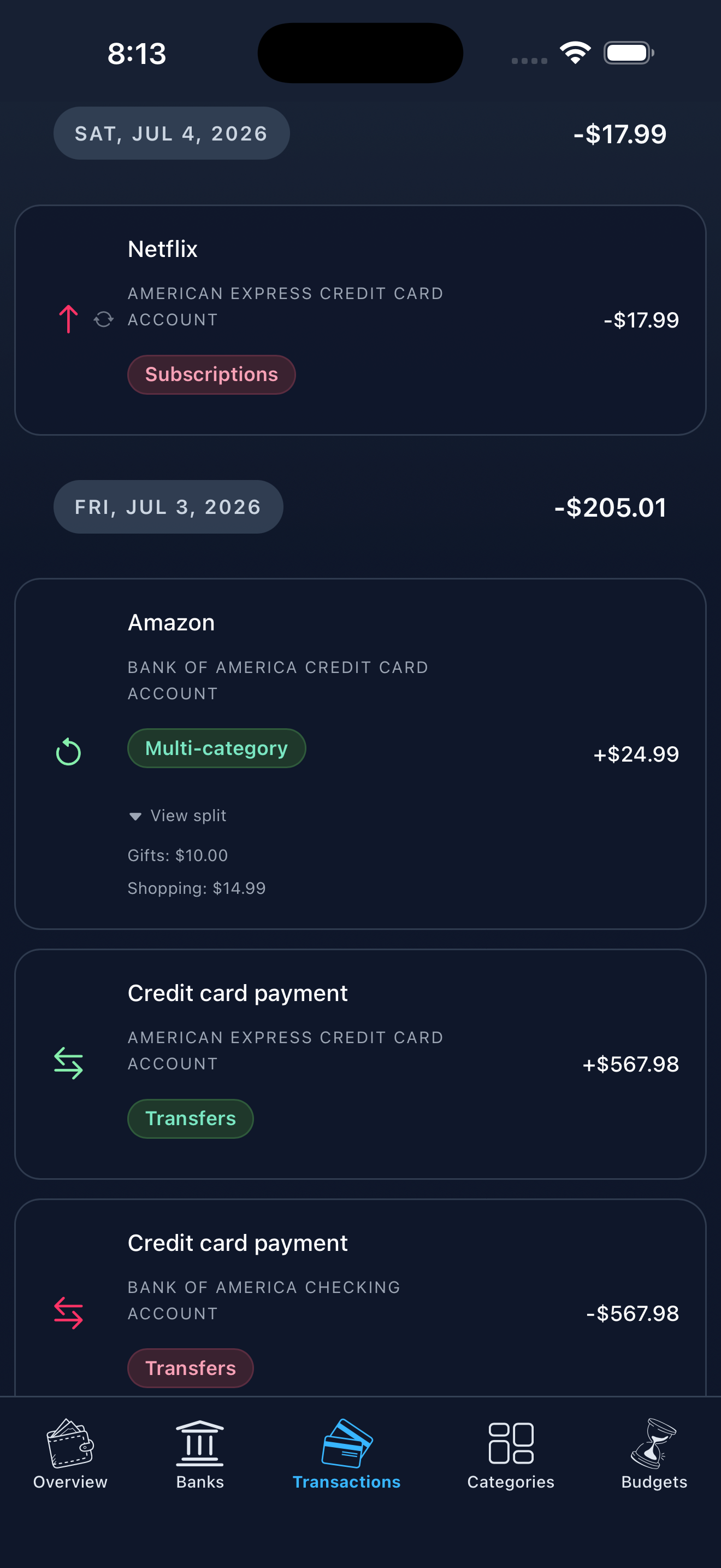 Koody's transaction list on iPhone with auto-categorized entries: a Netflix subscription, an Amazon multi-category split, and flagged credit card transfers