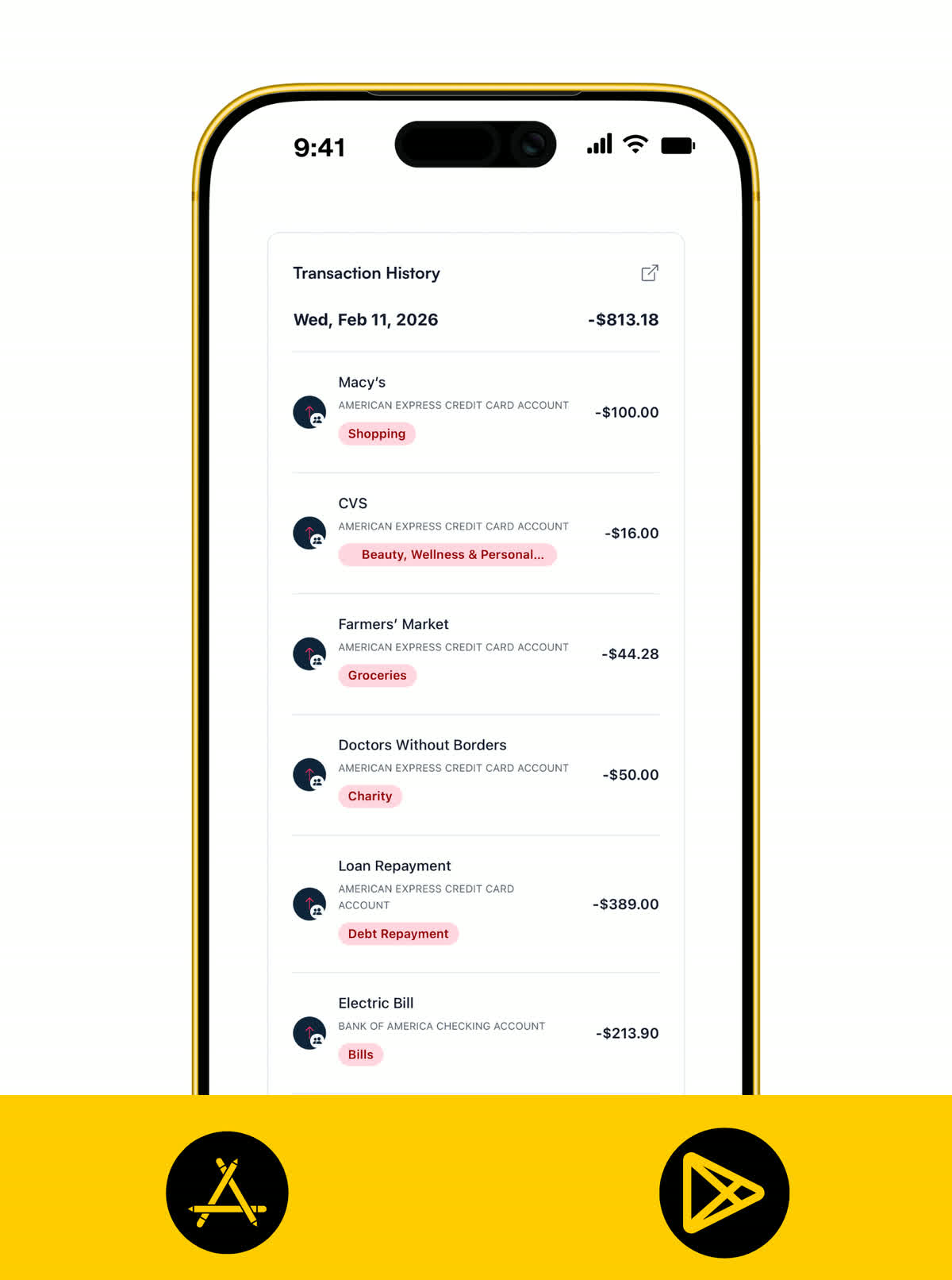Koody mobile transaction history showing categorized expenses and amounts
